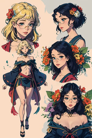 analog, (watercolor:0.4), hand drawn, Art Nouveau, rococo, Alphonse Mucha, anime face, 1 little girl, loli, bookworm, glasses, light smile, dress, hair ornaments, crop top, off shoulder, mini skirt, flowers, leafs, Bourgeois, full body,High detailed ,Detailedface,Detailedeyes,Shion face,anime,ASU1,bul4n,Circle,SAM YANG