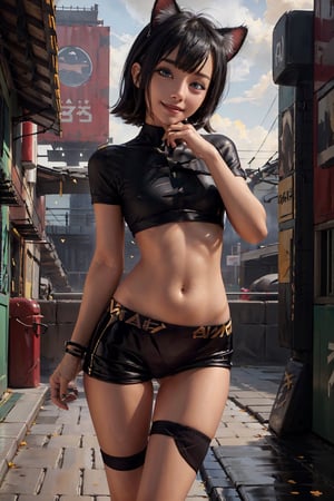 (masterpiece:1.2), (best quality:1.2), beautiful, high quality, (highres:1.1), detailed, extremely detailed 4K, perfect eyes, perfect face, dramatic lighting, ,(1 sexy pettite girl, loli, tomboy, solo, teenage female, young female), rukia kuchiki, black hair, purple eyes, smile, seductive expression, seductive face, smile, erotic underwear, thigh gap, (short, slim), petite, collar, cat ears, sexy pose, seductive pose, off shoulder, navel, breasts apart, clavicle, small breasts,  outside, classic japanese downtown,asian girl,hourglass body shape,sports bra,mecha,mavis dracula