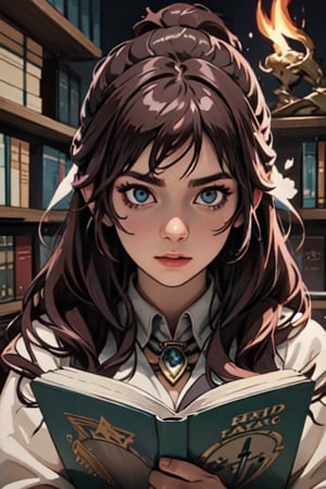 Realistic,  (masterpiece 1.2), (ultra Max high quality 1.2), (high_resolution 4k), (high detailed face), high-res CG textures., big_boobs, A sorceress casting a powerful spell in a mystical library filled with floating books, glowing runes, and magical artifacts.