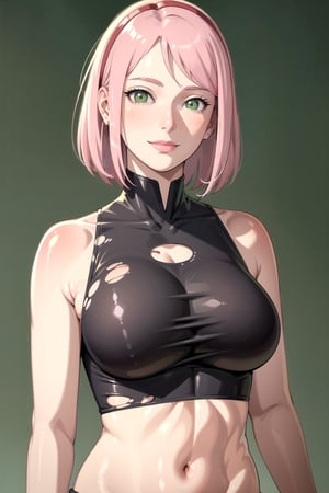 Girl wearing a crop top, smile, looking at viewer, large breasts, short hair,pink hair,streaked hair,multicolored hair,yellow eyes,photo, realistic, masterpiece, best quality, super detail, (soft green background),1girl
,torn