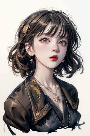 pale skin girl, violet tshirt, jacket, black pantyhose,(ultra Max high quality 1.2), (high_resolution 4k), (high detailed face), high-res CG textures., Ink drawing, moden ao Dai, full body, Peter Draws, digital illustration, comic style, Dong Son drum patterns background, black and white contrast.perfect anatomy, centered, dynamic, highly detailed, watercolor painting, artstation, concept art, smooth, sharp focus, illustration, art by Carne Griffiths and Wadim Kashin , ,nier anime style, necklace, earrings, lipstick , kugisaki nobara,Detailedface,anis nikke