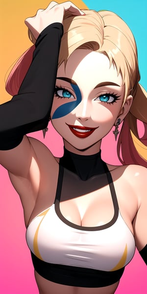 photorealistic portrait, (medium shot), from the front, Harley Quinn, (perfect face: 1.3), (face details: 1.3), (symmetrical eyes: 1.3), (red lips: 1.3), (smiling face expression: 1.3), blonde, (two pony tails), face paint, wearing white sports bra, (tasty breasts: 1.3), (short jean shorts), slim waist, paint splatter background, (sexy pose: 1.3), ((hands stretched over head)), vibrant colors, dramatic lighting, (casted shadows), detailed background, masterpiece, 8k.
