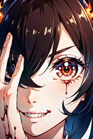 closeup face, beautiful face, small half colsed eyes, sharingan , close up , blood coming from eyes, black barground, devil,  tomoe  eye,  copy wheel eye, sharp and ,flaming eye, hands on face , smiling, evil , ,chaosmix