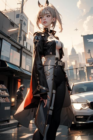Realistic, (masterpiece 1.2), (ultra Max high quality 1.2), (high_resolution 4k), (high detailed face), high-res CG textures., big_boobs, A samurai-inspired warrior with a holographic katana, standing in front of a massive futuristic cityscape with floating islands and flying vehicles.,realistic style, 8k,exposure blend, medium shot, bokeh, (hdr:1.4), high contrast, (cinematic, dark orange and white film), (muted colors, dim colors, soothing tones:1.3), low saturation, (hyperdetailed:1.2), (noir:0.4),1 girl,haruno sakura,SilverWolfMx