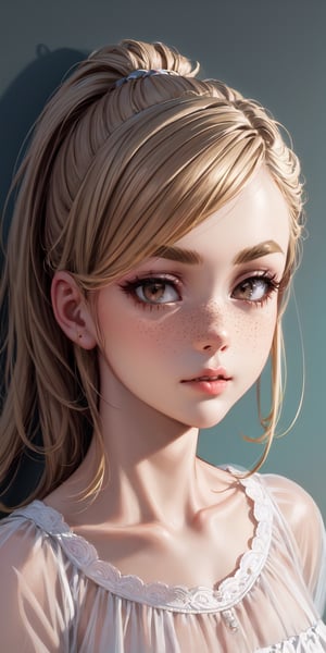 Realistic portrait drawing of a 19-year-old girl with light brown hair with blonde highlights, a long ponytail and doll bangs. Fair skin, big brown eyes, lots of dark eyelashes and dark eyebrows, narrow pink lips, relatively small and straight nose, some very fine freckles, slightly square jaw line, high cheekbones.