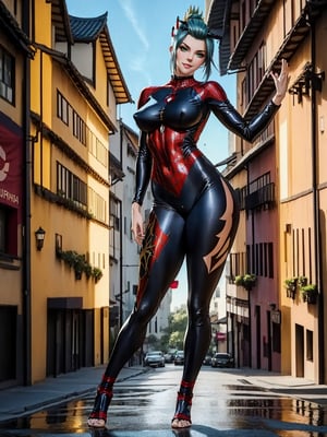 A woman, wearing spider man costume+black armor with golden parts, full body, big_boobs, very large breasts, blue hair, short hair, hair with ponytail, hair with bangs in front of the eyes, looking at the spectators, (((erotic pose interacting and leaning [on something in the environment|on an object]))), on the wall of a very tall building, showing the city with a beautiful sunset,  ((full body):1.5), 16k, UHD, best possible quality, ultra detailed, best possible resolution, Unreal Engine 5, professional photography, well-detailed fingers, well-detailed hand, perfect_hands
,kirara /(genshin impact/), 