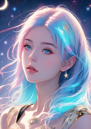 (high detailed face),1 girl , voilet hair, big_boobs, A celestial musician sits atop a crescent moon, playing a cosmic harp as stars twinkle in the background. Her music creates waves of color that ripple through the universe. (masterpiece 1.2), (ultra Max high quality 1.2), (high_resolution 4k), (high detailed face), 
,Leonardo Style,3d style,bingnvwang,dfdd,glow,cyborg style,blue hair,1 girl,zero two,3DMM,