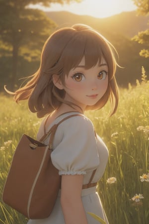 high quality, 8K Ultra HD, masterpiece, beautiful girl, A digital illustration of anime style, digital paintings of her, beautiful face, A beautiful girl walking with a bag on a grassy field, surrounded by a vast expanse of greenery and wildflowers, Her hair is gently swaying in the breeze, and the sun is shining down on her, casting a warm glow on her skin, heroines, delicate skin, beautiful hair, large eyes, three dimensional effect, enhanced beauty, Albert Anker, Feeling like Albert Anker, Kyoto Animation, Feeling like Kyoto Animation, brown hair, a little smile, luminism, black eye, 3d render, octane render, cinematic, Isometric, by yukisakura, awesome full color, 