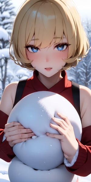 winter, snowing, sleeveless woman, Blonde woman with blonde short hair, beautiful, big breast, hand with small snow ball, small christmas decoration on snow ball , snowman at back ground, aesthetic portrait,korean girl,eyes shoot
