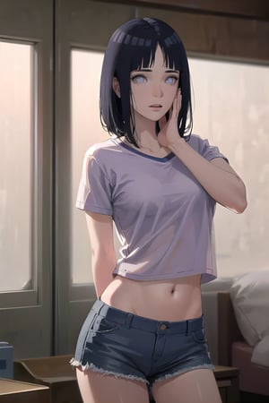 centered, 18 years old girl, pure face, beautiful face, long messy hair, hands behind back, crop top, navel, midriff, open denim shorts, hotel room, bokeh, depth of field, hyperelism shadows, ((best quality)), ((masterpiece)), ((realistic:1.3)), (detailed:1.3), ultra high res, powerful pose ,photorealism:1.3, ((perfect hand)) ,raw photo:1.3, ultra detailed, beastialily,detailed skin, Highly detailed face and skin texture, detailed eyes, double eyelids,dynamic light,pose, facial pore detail,, ,CLOTHES TUG