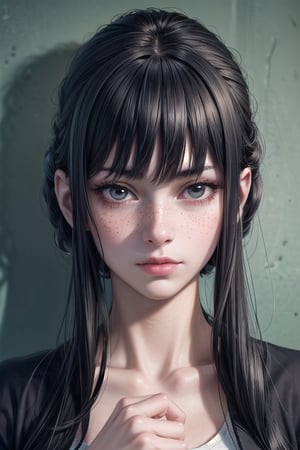 (4k), (masterpiece), (best quality), (extremely complex), (realistic), (sharp focus), (cinematic lighting), (extremely detailed), (epic), A close-up portrait of a chubby woman, serious look, deep look, incredibly detailed hand, long black hair, bangs, mint green eyes, freckles on face, white shirt with jacket on top, black jeans, curvy body, full body, detailed face, perfect eyes, detailed hands, mix of fantasy and realism. elements, vibrant manga, uhd image, vibrant illustrations, the background is a galaxy
