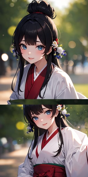 //quality Masterpiece, ultra detailed, hyper high quality, quality beyond the limits of AI, the ultimate in wisdom, top of the line quality, 8K, //Character 1girl, Beautiful eyes, detailed eyes, big eyes, smile, fine face, black hair, //Fashion samurai girl, hakama, //Background Beautiful blue sky, calm sunshine, flower garden, (bokeh:1.2)
,coverl