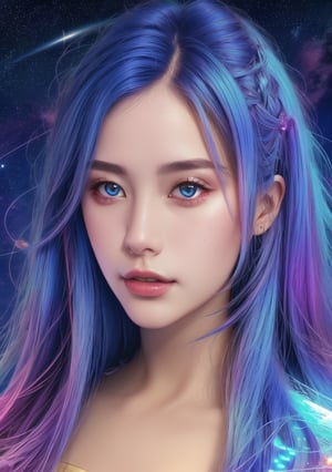 (high detailed face),1 girl , voilet hair, big_boobs, A celestial musician sits atop a crescent moon, playing a cosmic harp as stars twinkle in the background. Her music creates waves of color that ripple through the universe. (masterpiece 1.2), (ultra Max high quality 1.2), (high_resolution 4k), (high detailed face), 
,Leonardo Style,3d style,bingnvwang,dfdd,glow,cyborg style,blue hair,1 girl,zero two,3DMM,Detailedface