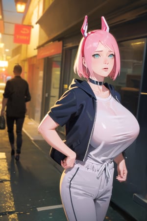 best quality, ultra high res, (photorealistic:1.4), 1girl, black choker, (Brown hair:1), (huge breasts:1.2), (high detailed skin, detailed eyes:1.1), Long Hair, depth of field, Black Horn headgear, big_boobs, White T-shirt, black Jogger Pants, big_boobs, hentai face, lewd face expression, OPEN shoulders, lace, lace rims, skirt, hoodie, city light, in modern city skinny cheek blue In His pants are tied in a black jacket, his hair is tied up by a woman on the balcony girl
, haruno sakura, 