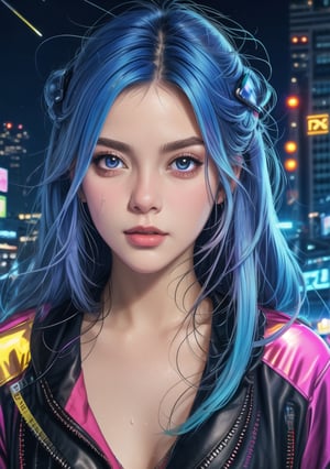 (high detailed face),1 girl , detailed eyes, detailed eye brows,  voilet hair, big_boobs, Amidst the neon-lit streets of a cyberpunk cityscape, a street vendor sells holographic fruits from a futuristic cart. The reflection of towering skyscrapers is visible on the wet pavement. (masterpiece 1.2), (ultra Max high quality 1.2), (high_resolution 4k), (high detailed face), 
,Leonardo Style,3d style,bingnvwang,dfdd,glow,cyborg style,blue hair,1 girl,zero two,3DMM,Detailedface