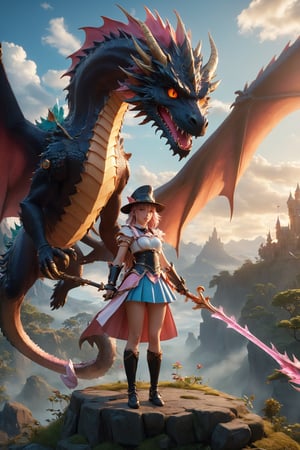 high quality, 8K Ultra HD, masterpiece, A beautiful magical girl is fighting a dragon, magical girl hat, black eye, fantasy world, breathtaking landscapes, mystical atmosphere, three dimensional effect, luminism, Albert Anker, Feeling like John Howe, 3d render, octane render, cinematic, Isometric, by yukisakura, awesome full color, ,monster
