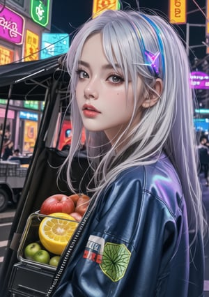 (high detailed face),1 girl , detailed eyes, detailed eye brows, white hair,full body,  Amidst the neon-lit streets of a cyberpunk cityscape, a street vendor sells holographic fruits from a futuristic cart. The reflection of towering skyscrapers is visible on the wet pavement. (masterpiece 1.2), (ultra Max high quality 1.2), (high_resolution 4k), (high detailed face), 
,Leonardo Style,3d style,bingnvwang,dfdd,glow,cyborg style,blue hair,1 girl,zero two,3DMM,Detailedface