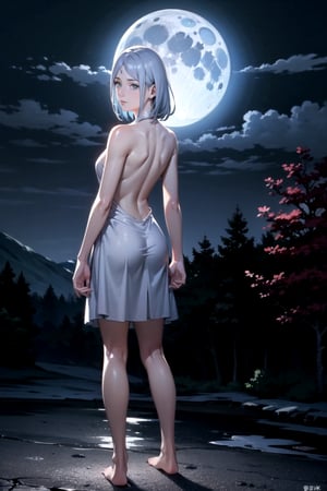 1 girl, full body, perfect face, American features, perfect eyes, back facing the viewer, light blue hair, bare feet, mix of fantasy and realistic, tree silhouette in front of the moon, ultra high resolution, 8k, HDR
