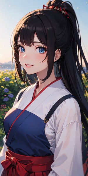 //quality Masterpiece, ultra detailed, hyper high quality, quality beyond the limits of AI, the ultimate in wisdom, top of the line quality, 8K, //Character 1girl, Beautiful eyes, detailed eyes, big eyes, smile, fine face, black hair, //Fashion samurai girl, hakama, //Background Beautiful blue sky, calm sunshine, flower garden, (bokeh:1.2)
,coverl