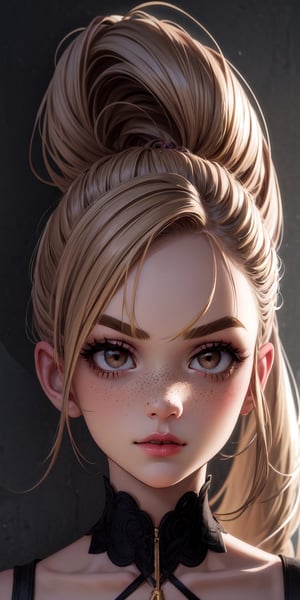 Realistic portrait drawing of a 19-year-old girl with light brown hair with blonde highlights, a long ponytail and doll bangs. Fair skin, big brown eyes, lots of dark eyelashes and dark eyebrows, narrow pink lips, relatively small and straight nose, some very fine freckles, slightly square jaw line, high cheekbones.