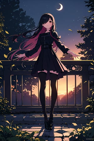Craft an ultra-detailed artwork illustrating a lone girl sitting on a balcony with balustrades, gazing at a distant mountain with a castle under the moonlight. The girl, with beautiful detailed eyes, has long black hair and red eyes, wearing a black dress, showcasing a full body with intricate clothing cutouts and black stockings. The moonlit forest adds to the mysterious atmosphere.
