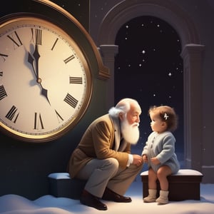 2 people new year baby looking at father time
