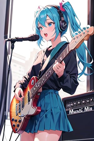 ((masterpiece, best quality))1girl, solo, black dress, blue eyes, electric guitar, headphones, double ponytail, long hair, music, one side up, teal hair, twin tails, playing guiter, pleated skirt, black shirt, interior, singing