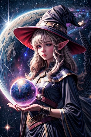 best quality, highres, 1girl, elf, witch hat, floating in space, energy sphere, light particles, shiny hair, shining stars, fantasy, hands behind head 