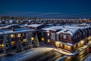 snowy christmas night,design, five stories brick apartment building with snow covering on the top, cars parked in front of building with snow covering, midnight, christmas tree in front with bright lights on, top view