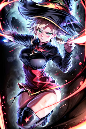 very slender. Long, blonde hair. She has green eyes. pigtails tied wearing a large witch hat. Wearing a sexy witch outfit with knee high heel, very close up portrait, rage, black background with red explosion, glowing red hands, battle_stance, kung_fu
