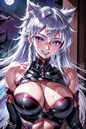 1girl, 25-years-old woman, pale complexion, black eyelinder and lipstick, white long hair, full moon background, high_resolution, smiling, showing large fangs, sweating, sexy pose, close_to_camera, seductive look, drooling