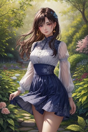 A girl with a short skirt, surrounded by the vibrant colors of Suratian art, captured in a high-resolution masterpiece. Her eyes are beautiful and detailed, drawing you in with their depth and emotion. Her lips, just as detailed, are soft and inviting. The girl stands confidently in a garden, her pose exuding grace and strength. The sunlight filters through the leaves, casting a warm and gentle glow on her face. The garden itself is a lush oasis, filled with blooming flowers and vibrant greenery. The scene is reminiscent of a beautiful oil painting, with each brushstroke capturing the intricacies of the garden and the girl. The colors are vivid, bringing the entire scene to life, and the lighting is carefully crafted to create a sense of warmth and serenity. This prompt guarantees the best-quality, ultra-detailed, and photorealistic representation of the girl, the garden, and the Suratian art.