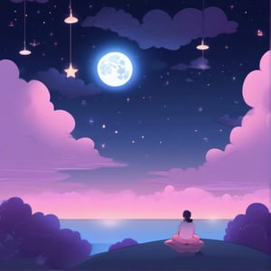 A calm and relaxing night scene with an artistic lofi style. In the center, a human figure is lying on a cloud, listening to music through headphones. The full moon shines softly in the starry sky, while the stars twinkle with a faint glow. The color palette is soft and pastel, with shades of blue, purple and pink. The overall atmosphere should convey peace, serenity and a dreamy feeling.