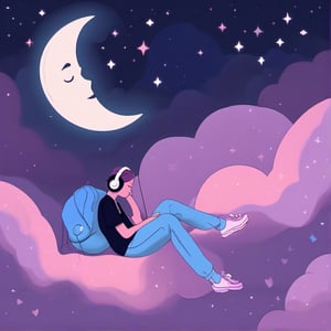 A calm and relaxing night scene with an artistic lofi style. In the center, a human figure is lying on a cloud, listening to music through headphones. The full moon shines softly in the starry sky, while the stars twinkle with a faint glow. The color palette is soft and pastel, with shades of blue, purple and pink. The overall atmosphere should convey peace, serenity and a dreamy feeling.