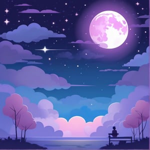 A calm and relaxing night scene with a lofi art style. In the center, a human figure is lying on a cloud, listening to music through large headphones. The full moon shines softly in the starry sky, while the stars twinkle with a faint glow. The color palette is soft and pastel, with shades of blue, purple and pink. The general atmosphere should convey peace, serenity and a dreamlike feeling