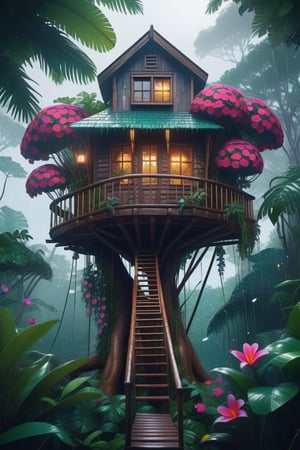 Tree house with flowers placed in Jungle in Snowy weather, 8k, Ultra Detailed, Stunning vision, Super cinematic lights,aw0k euphoric style
