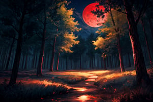 forest landscape, nighttime, nighttime, red moon, scenery, masterpiece, best quality, ultra-detailed, illustration, cinematic lighting, 5 point perspective