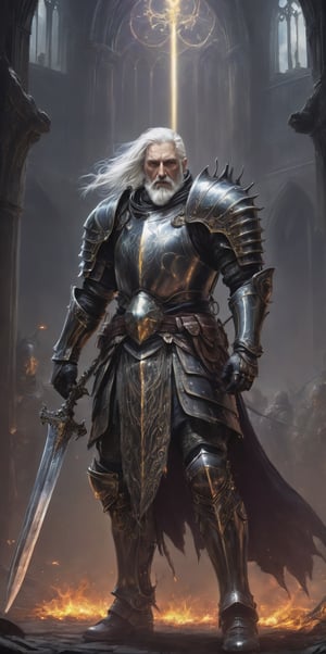 (celestialpunkai:1.3) {(s0lar:1.3) | (lun4r:1.3) | (st3llar:1.3)} {  army },a knight facing a gothic  big old warrior with white hair and beard showing in the back, dark souls artstyle  (amazing, Impressive lighting, vibrant colors, complex scene  ,Ultra Realistic, trending on artstation,     exaggerated, detailed background:1.1)                           ,steampunk style