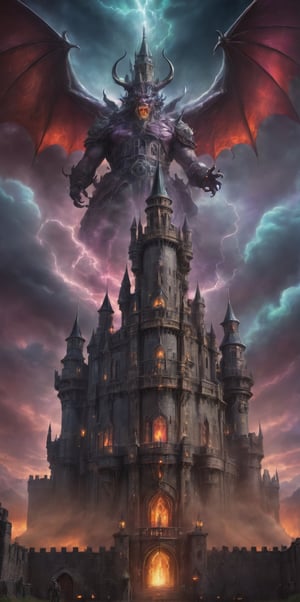 (celestialpunkai:1.3) {(s0lar:1.3) | (lun4r:1.3) | (st3llar:1.3)} {  army },gotic fantasy castle with a big demon showing in the back in the clouds,  (amazing, Impressive lighting, vibrant colors, complex scene  ,Ultra Realistic, trending on artstation,     exaggerated, detailed background:1.1)                           ,steampunk style