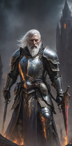 (celestialpunkai:1.3) {(s0lar:1.3) | (lun4r:1.3) | (st3llar:1.3)} {  army },a knight facing a gothic  big old warrior with white hair and beard showing in the back, dark souls artstyle  (amazing, Impressive lighting, vibrant colors, complex scene  ,Ultra Realistic, trending on artstation,     exaggerated, detailed background:1.1)                           ,steampunk style
