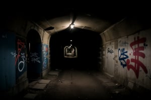 centered, photography, raw photo, | shady old tunnel with graffiti on the walls and one of the graffiti says "gates of hell",  dark place | aesthetic vibe, night time, , | bokeh, depth of field, liminal space