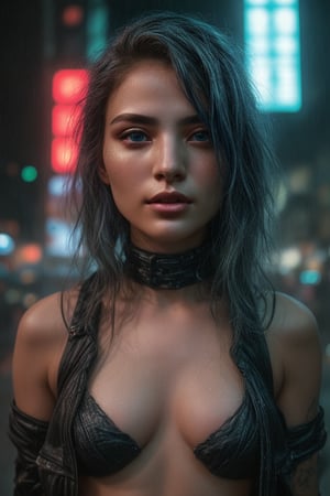 A 19-year-old half American female with a subtle, closed smile poses confidently. blue tech hair, framing her face.  (((one blue eye and one green eye)))), set in  The cyberpunk background features neon lights, facing camera 