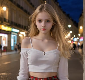 13 y.o france girl,(highly clear face,very cute,Extremely cute beauty,Sexy self-confidence,proud and independent,Clear perfect eyes,phenomenal aesthetic,Amazing photos),Cinematic  Cinematic Lighting,narrow_waist,slender face,skinny,street at night,red plaid pleated skirt, long blonde hair, sexy, half shirt white, belly showing