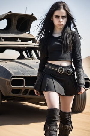 1 goth girl, petite, (((12 years old))), (((nonude))), full_body, Selfie, Long black wild hair, ((viewed_from_side 1.4)), Short black skirt  (((pale skin 1.4))), set in a the far future, in a mad max , death race setting.