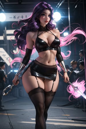  a beautiful woman walking  ,  perfecty anatomy, pale skyn,  perfect body wearing a micro skirt and a black garter betlt , g-string, sexy,  red_eye, light from the top,  looking at the viewer, ((very curvy figure, big body)), vivid colors, purple hair, big and beautiful eyelashes, ,SAM YANG, ultra detailed, best resolution, sexy, perfet composition, very long hair, sexy, sexy lingeire, beautiful lingeire, no panty, pussy visible, pussy, pink pussy , perfect pussy, black clothes, exposed_pussy