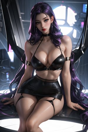  a beautiful woman sitting with crossed legs  ,  perfecty anatomy, pale skyn,  perfect body wearing a micro skirt and a black garter betlt , g-string, sexy,  red_eye, light from the top,  looking at the viewer, ((very curvy figure, big body)), vivid colors, purple hair, big and beautiful eyelashes, ,SAM YANG, ultra detailed, best resolution, sexy, perfet composition, very long hair, sexy, sexy lingeire, beautiful lingeire