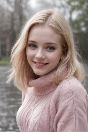 Photo, A girl standing, blonde hair, pale skin, (ong hair, (big breasts), park, (25 year old), smiling, (detailed face:1.2), intricate details, (wearing a pink sweater), (rain:1.2)