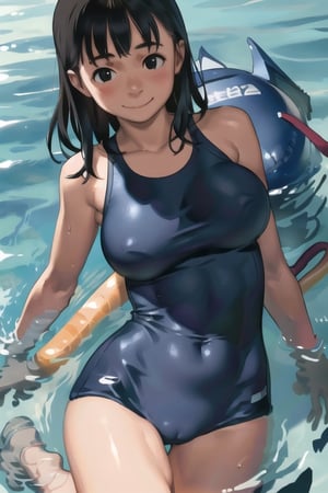 1girl, sharp focus,  perfect lighting,  best quality,  ultra-detailed,  8k wallpaper,  beautiful and delicate, smile, black hair, black eyes, gigantic breasts, sagging breasts, cameltoe, underage, preteen, 12 years old, daytime, swimming pool, one-piece swimsuit, skindentation, (comiclo)