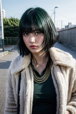 (8k, best quality, masterpiece, ultra highres:1.2) Photo of Pretty Japanese Named Yuki (detailed_face) , green_hair, short_hair kugisaki nobara,nobarajk , jujutsu_kaisen ,kugisaki nobara , adult_face , school uniform, short hair, jacket, upper body, 1girl, lips ,fubuki\(one punch man\),fubuki , fubuki\(one punch man\), cowboy shot, solo, 1girl, expressionless, green hair, taut clothes, fur coat, jewelry, necklacemilf, solo, Looking At Viewer, Blush, short Hair, Detailed beautiful face, Night City in The background, Posing, bokeh 