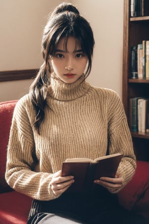 1girl, solo, long hair, looking at viewer, bangs, black hair, long sleeves, holding, brown eyes, sitting, ponytail, indoors, sweater, lips, book, turtleneck, ribbed sweater, holding book, open book, turtleneck sweater, realistic, reading, tatami, black sweater,High detailed 